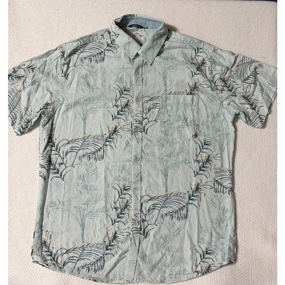 Bohio Tropical Palm Print Button-Down Shirt, Light Blue, Size Medium